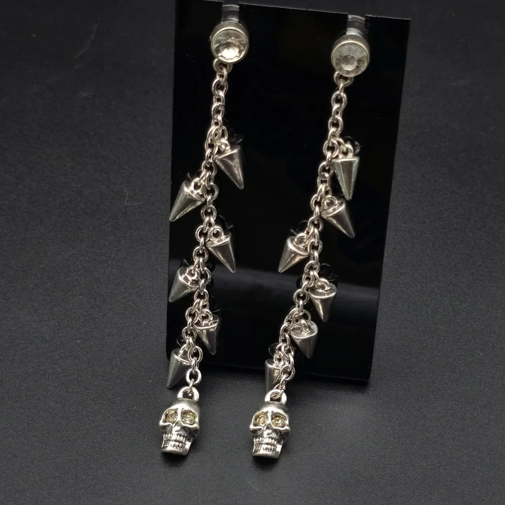 Studded Spike Skull Earrings Dangle Drop Pierced Punk Edgy